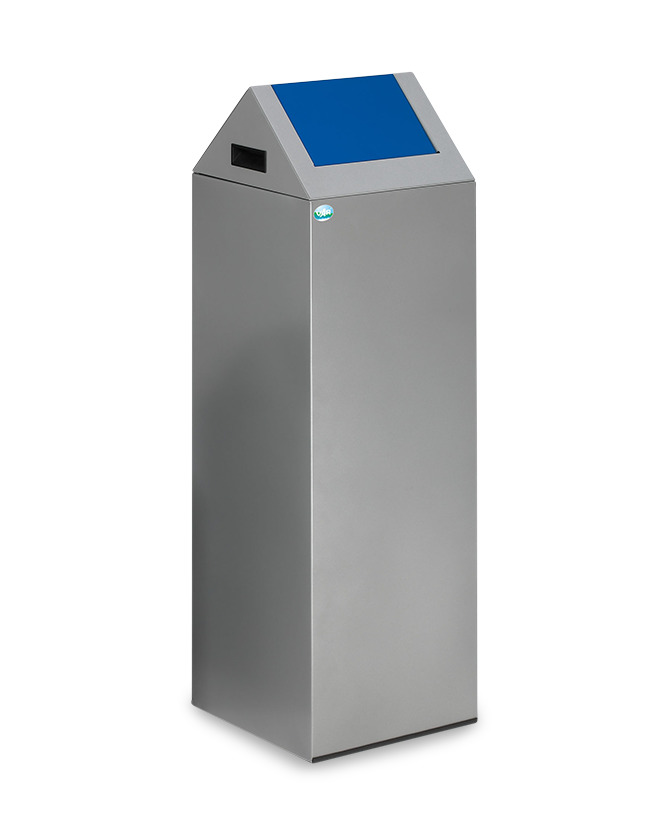 Recyclable material container in sheet steel, self-extinguishing, 89 litres, silver, flap blue - 1