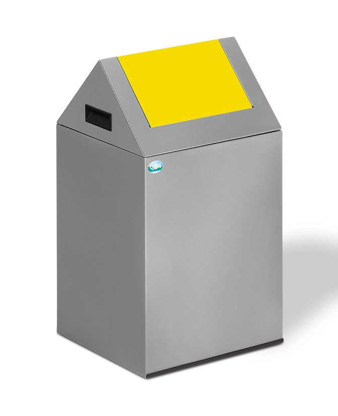 Recyclable material container in sheet steel, self-extinguishing, 43 litres, silver, flap yellow - 1
