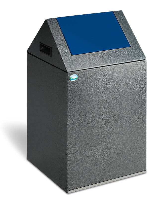 Contenedor de reciclaje de chapa de acero, autoextinguible, 43 l, plata mate, tapa de ranura azul - 1