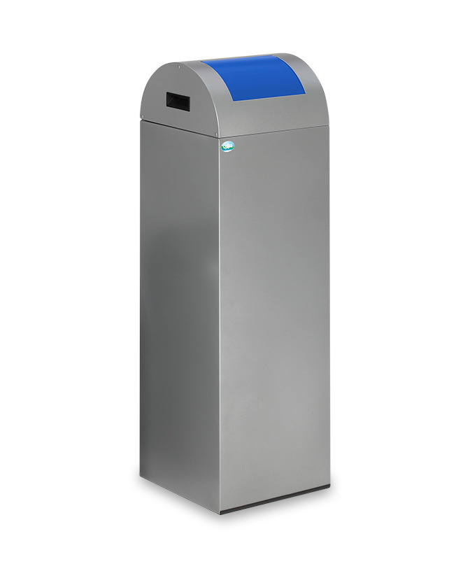 Recyclable material container in sheet steel, self-extinguishing, 89 litres, silver, flap blue - 1