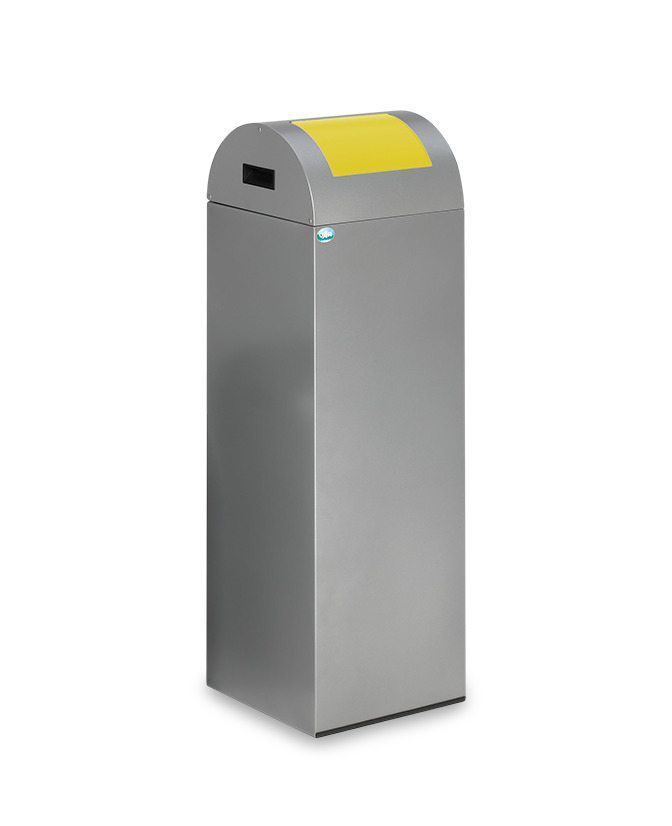 Recyclable material container in sheet steel, self-extinguishing, 89 litres, silver, flap yellow - 1