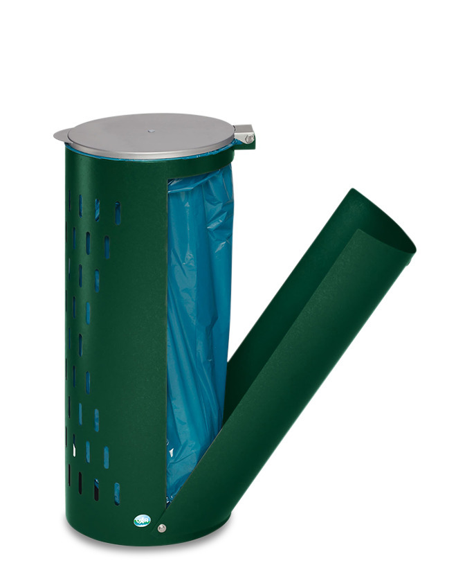 Support de sacs-poubelle en tôle d'acier perforée, couvercle, anneau de serrage, porte, vert - 1