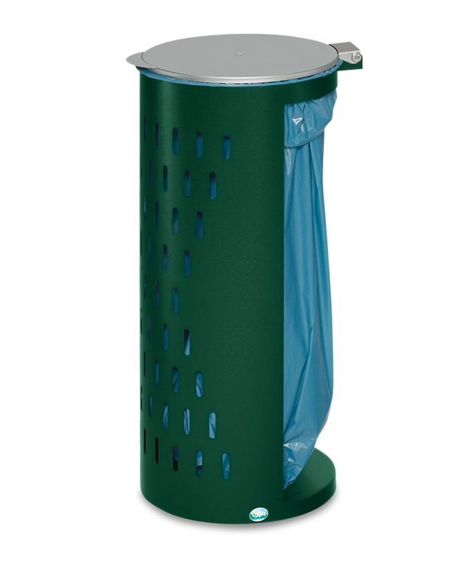 Waste sack holder in perforated sheet steel, with steel lid and clamping ring, green - 1