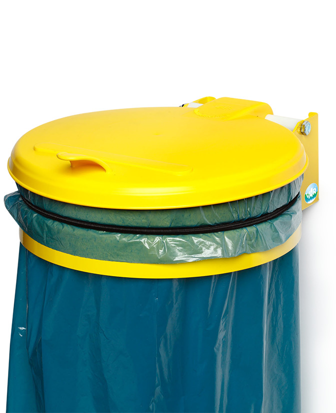 Stalowy uchwyt na worek do śmieci, ścienny, z gumową taśmą do moc. worka i pokrywą plastikową, żółty - 1