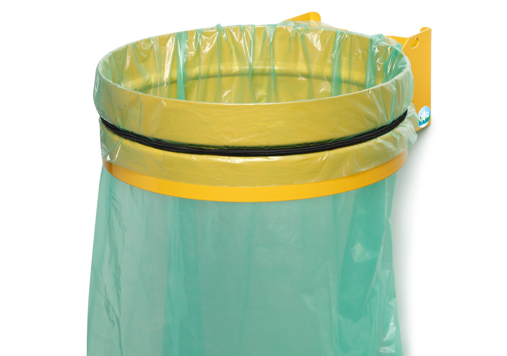 Soporte de pared para bolsas de basura, acero, con goma elástica para sujetar la bolsa, amarillo - 1