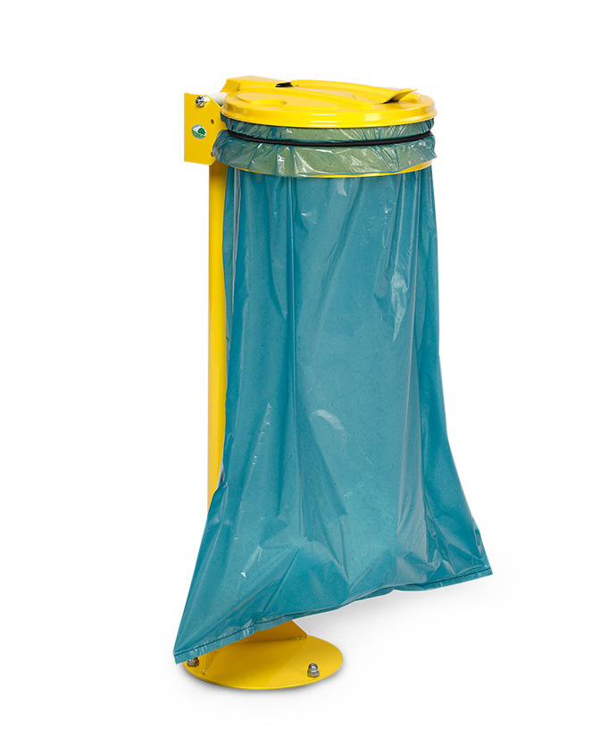 Waste sack holder in steel, free-standing unit, rubber band for bag fastening, plastic lid, yellow - 1