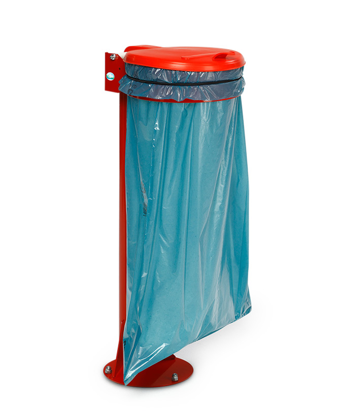 Waste sack holder in steel, free-standing unit, rubber band for bag fastening, plastic lid, red - 1