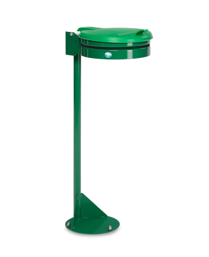 Waste sack holder in steel, free-standing unit, rubber band for bag fastening, plastic lid, green - 1