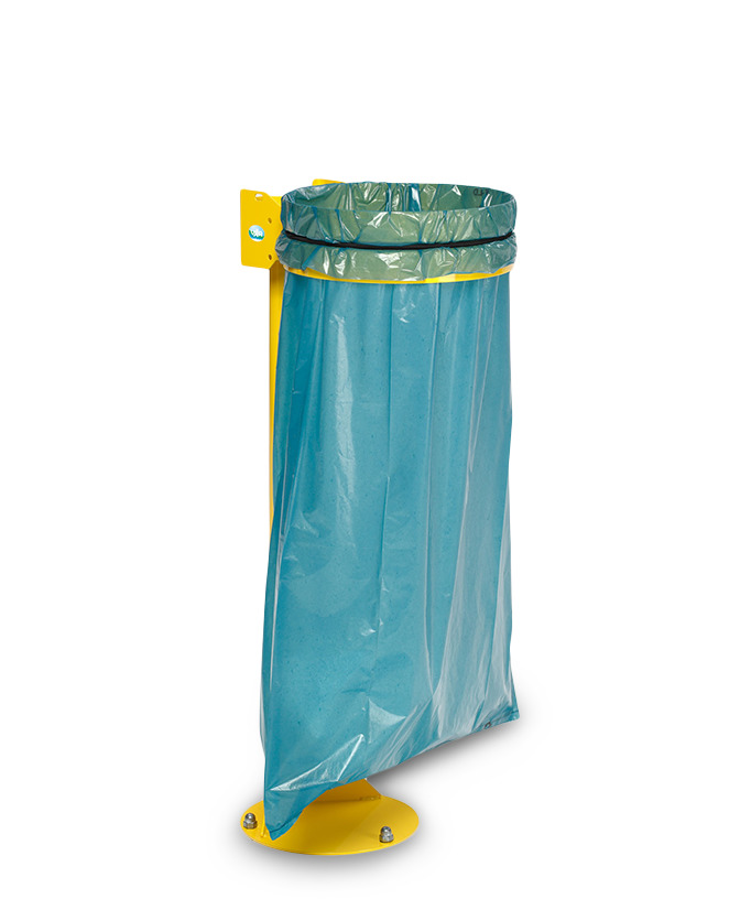 Support en acier pour sacs poubelle, sur pied, bande élastique pour la fixation des sacs, jaune - 1