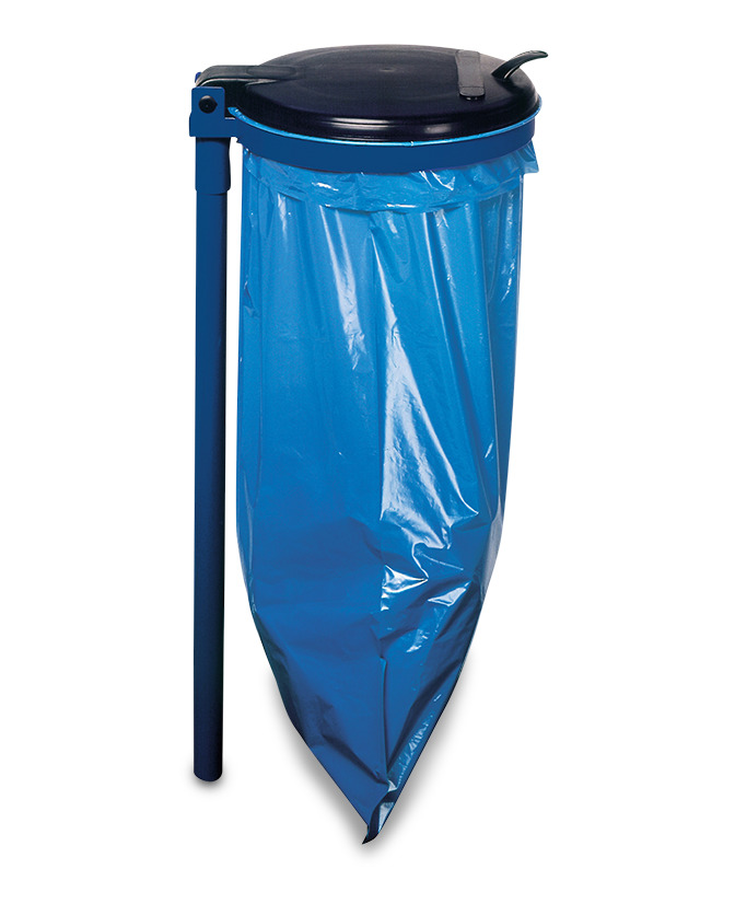 Waste sack holder in steel for floor mounting, with plastic lid, blue - 1