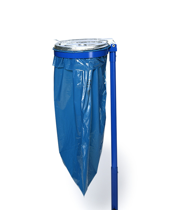 Stalowy uchwyt na worek do śmieci, mocowany do podłoża, z pokrywą stalową, niebieski - 1