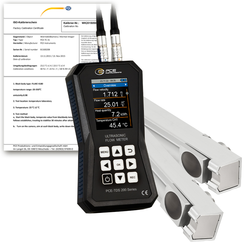 Prietokomer PCE-TDS 200, 2x senzor na lište, menovitá šírka DN 50 - 700 + certifikát ISO - 1