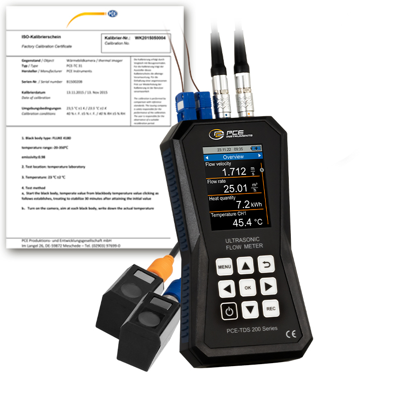 Misuratore di portata PCE-TDS 200+, con 2 sensori, DN 15 - 100 + cert. taratura ISO - 1