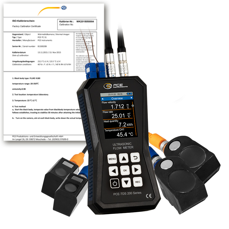 Misuratore di portata PCE-TDS 200+, con 4 sensori, DN 15 - 700 + cert. taratura ISO - 1