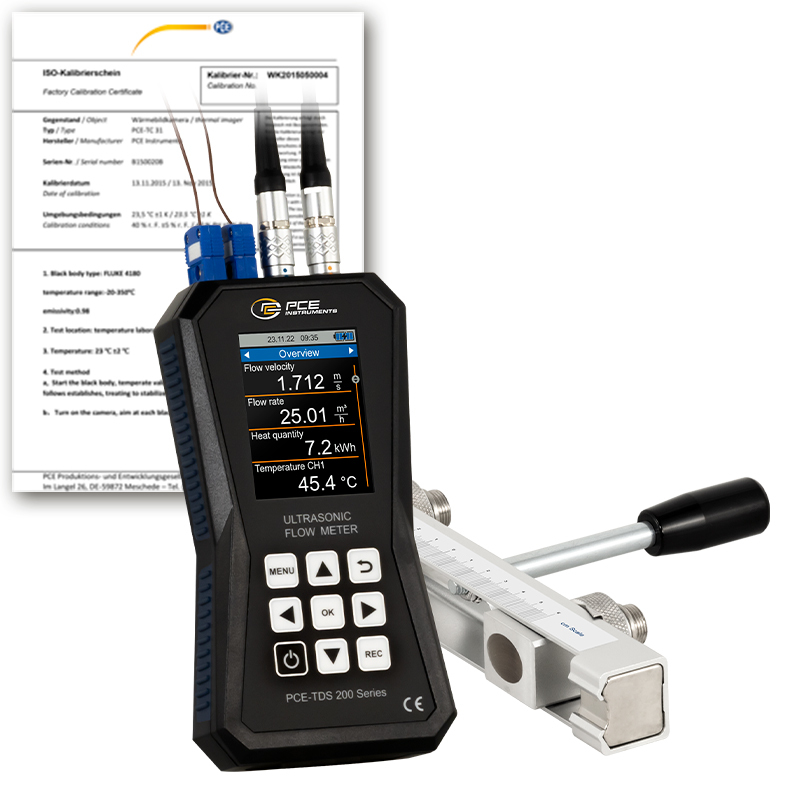 Misuratore di portata PCE-TDS 200+, con 2 sensori su sbarra, DN 15 - 100 + cert. ISO - 1