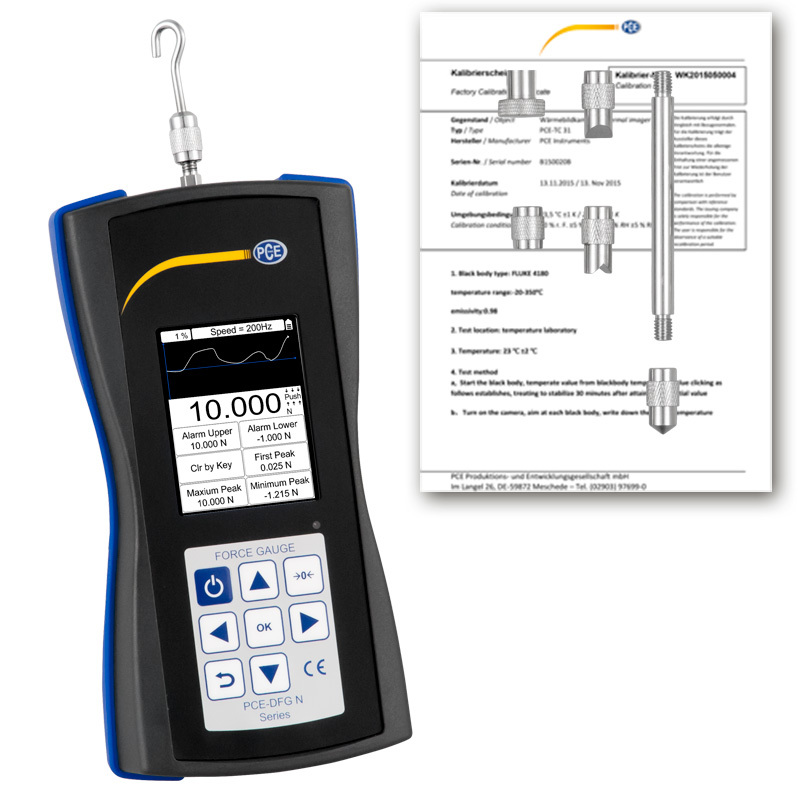 Kraftmessgerät PCE-DFG N, für Zug- und Druckspannung, bis 10 N, interne Kraftmesszelle + ISO - 1