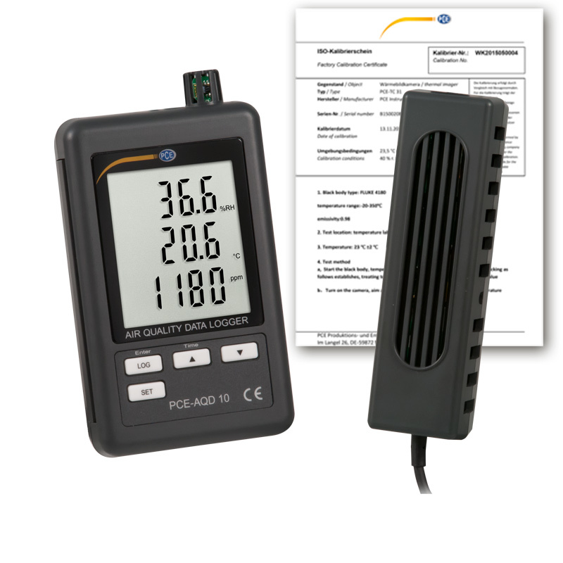 Misuratore di qualità dell'aria PCE-AQD 10, misurazione di CO2, temperatura, umidità + ISO - 1