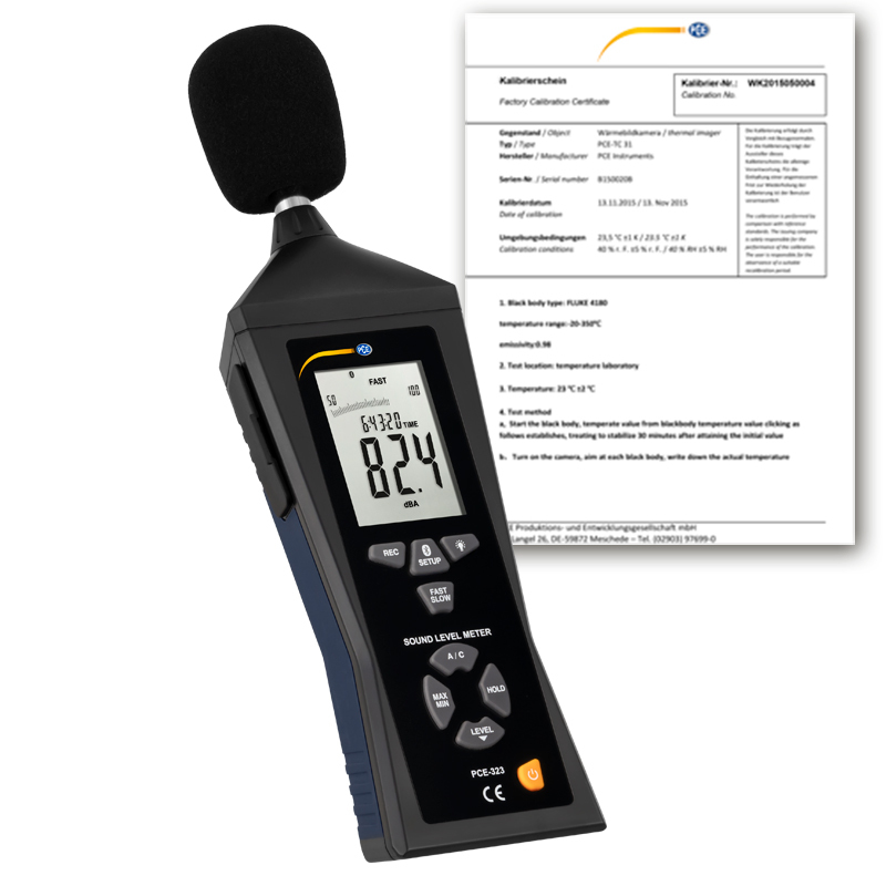 Meradlo úrovne hluku PCE-323, rozsah  30 - 130 dB, s Bluetooth + certifikát ISO - 1
