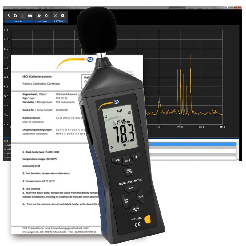 Hlukoměr PCE-322, rozsah měření 30 - 130 dB, se softwarem LEQ, certifikát ISO - 1