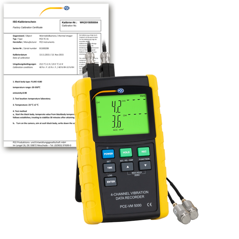 Vibromètre PCE-VM 5000, mesure les vibrations, 10 Hz - 1 kHz, 4 capteurs, certificat ISO - 1
