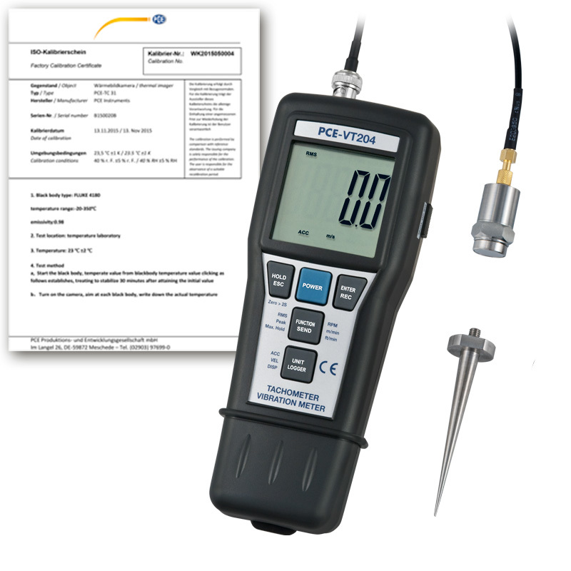 Tärinämittari PCE-VT 204, mittaa tärinän ja kierrosluvun + ISO-sertifikaatti - 1
