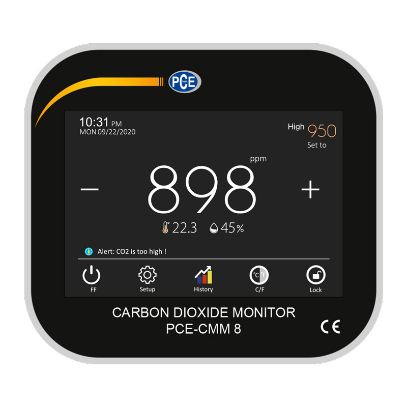 Ilmanlaatumittari PCE-CMM,CO2-pitoisuuden, lämpötilan ja ilmankost. mittaamiseen,kosketusnäyttö+ISO - 3