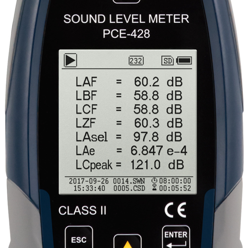 Meradlo hladiny hluku PCE-428, trieda 2 (do 136 dB), s nastavením merania vonkajšieho hluku - 4