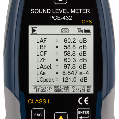 Meradlo úrovne hluku PCE-432, trieda 1 (do 136 dB), modul GPS - 7