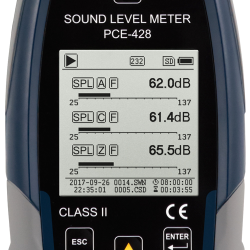 Meradlo hladiny hluku PCE-428, trieda 2 (do 136 dB), s nastavením merania vonkajšieho hluku - 5