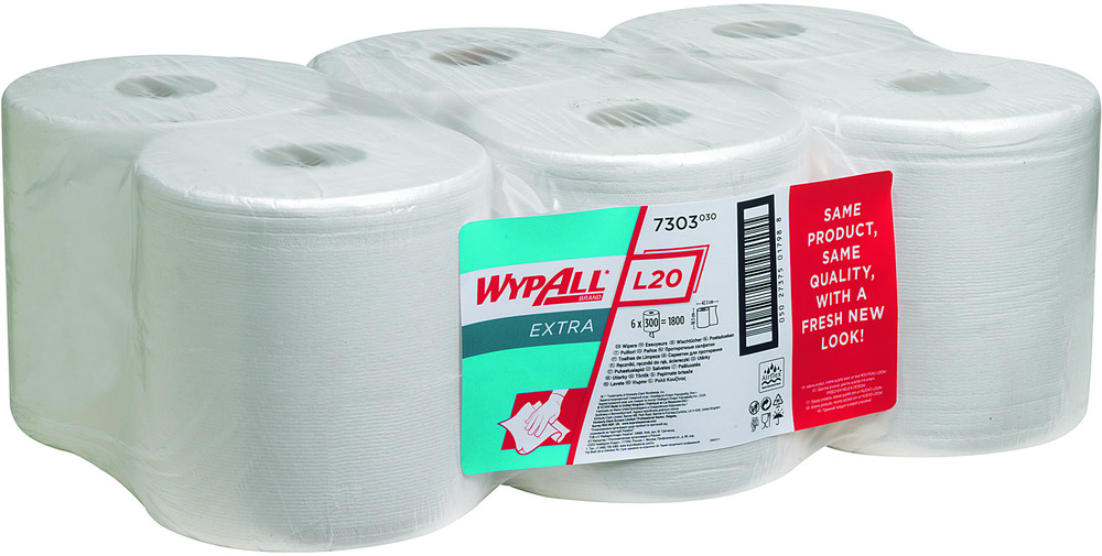 Chiffons de nettoyage WypAll® L20, 7303, prélèvement central, blanc, 6 rouleaux de 380 chiffons - 1