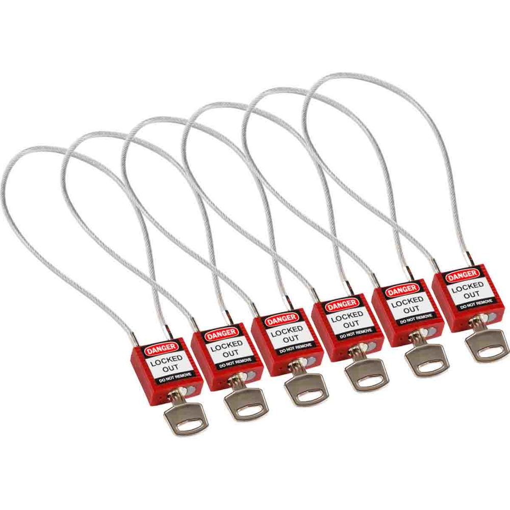 Visací zámky, nylonové pouzdro s kabelovým třmenem, BJ = 6 kusů, červené, nevodivé - 1