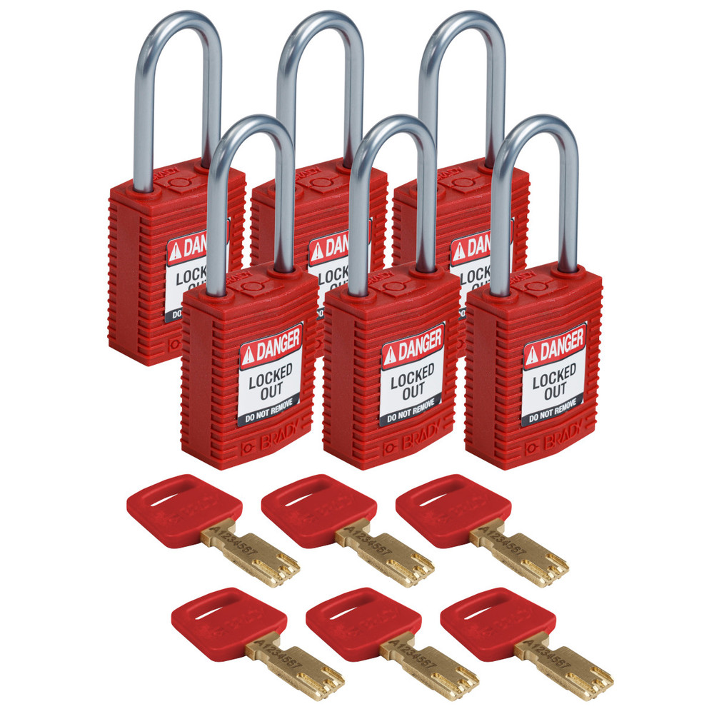 Hængelåse, nylon, med aluminiumsbøjle til lockout-anvendelser, pakke = 6 stk, rød - 1