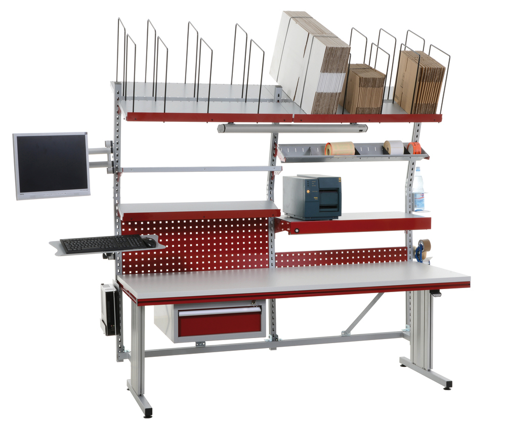 Mesa de embalagem completa Rocholz SYSTEM FLEX, 2000 x 800 x 720 - 1120 mm, alumínio branco/vermelho - 1