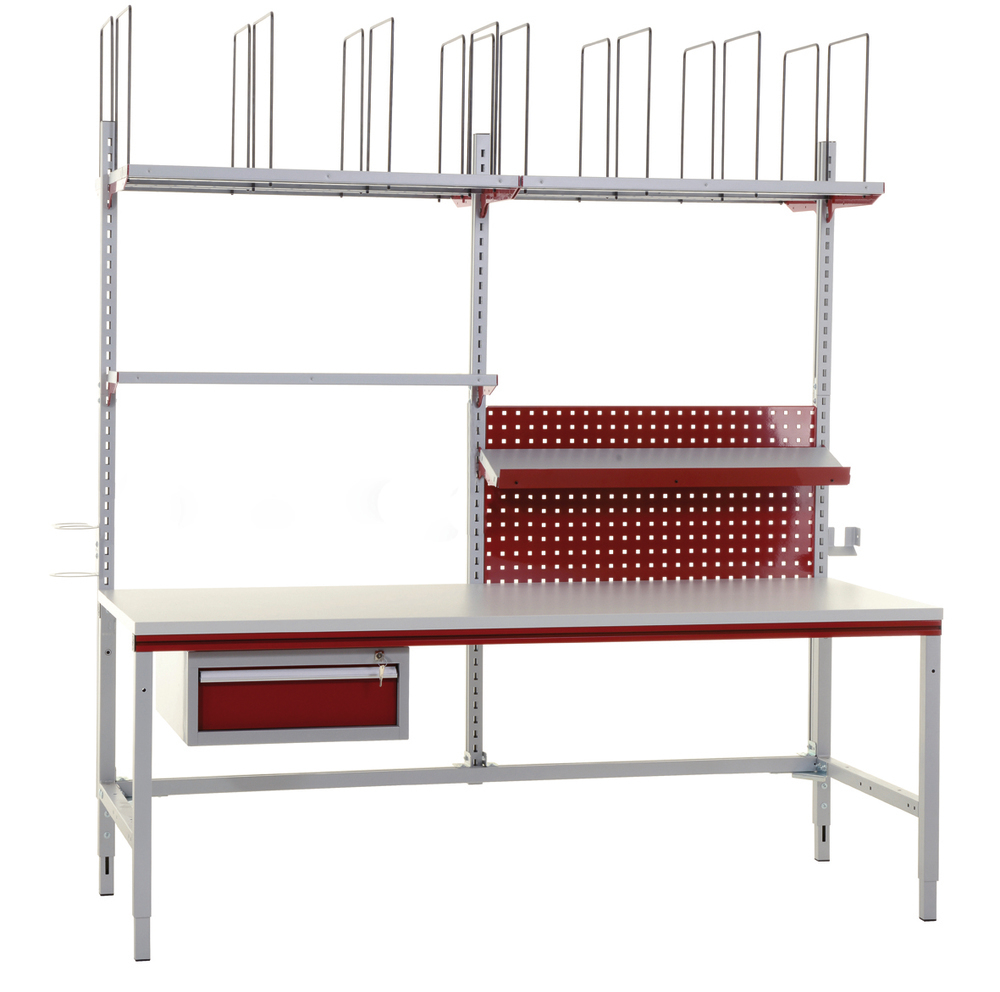 Rocholz complete pack station Basic Plus SYSTEM FLEX, 2000 x 800 x 690 - 960 mm, white alu/ruby red - 1
