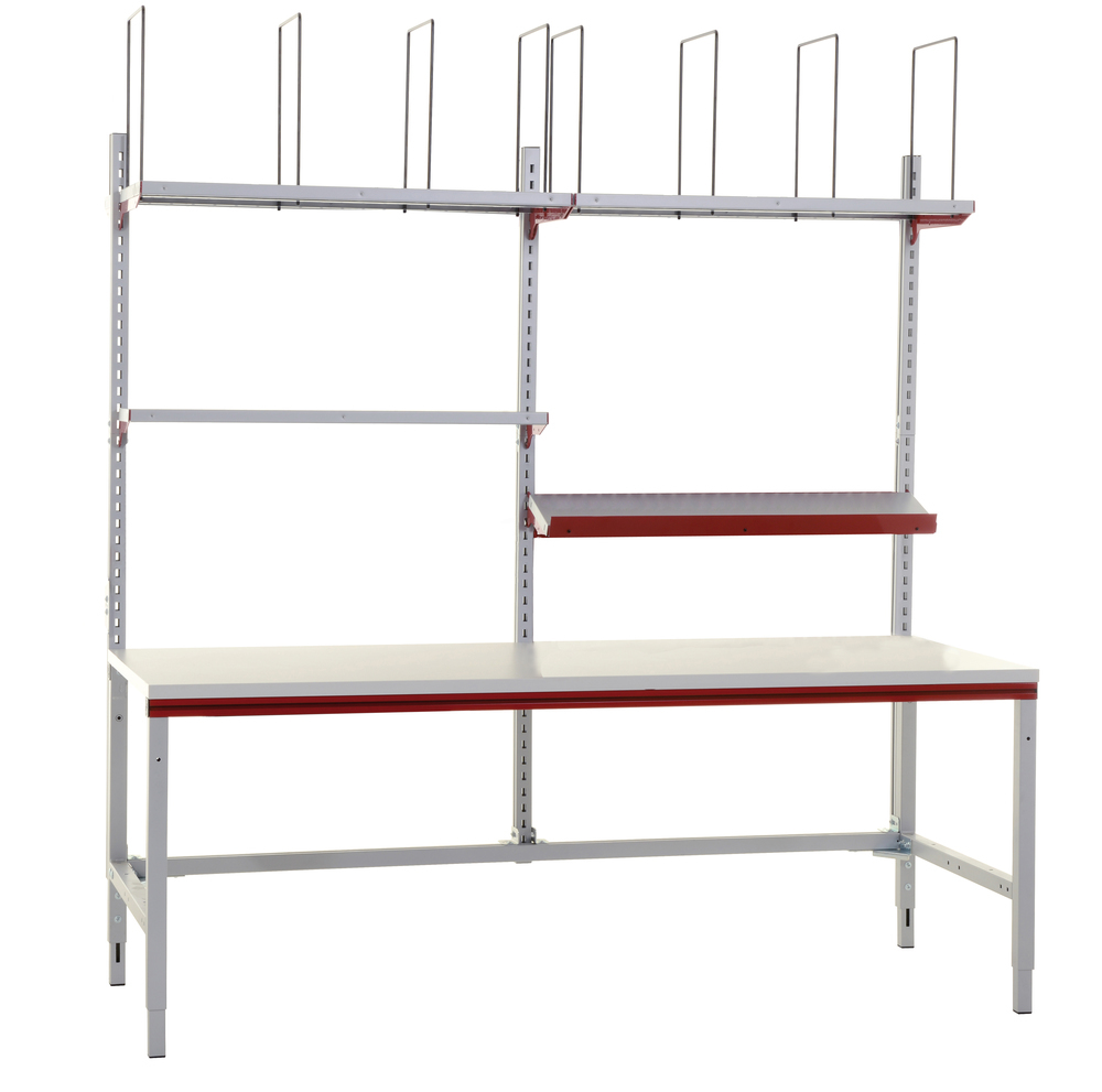 Rocholz complete packing station Basic SYSTEM FLEX, 2000 x 800 x 690 - 960 mm, white alu/ruby red - 1