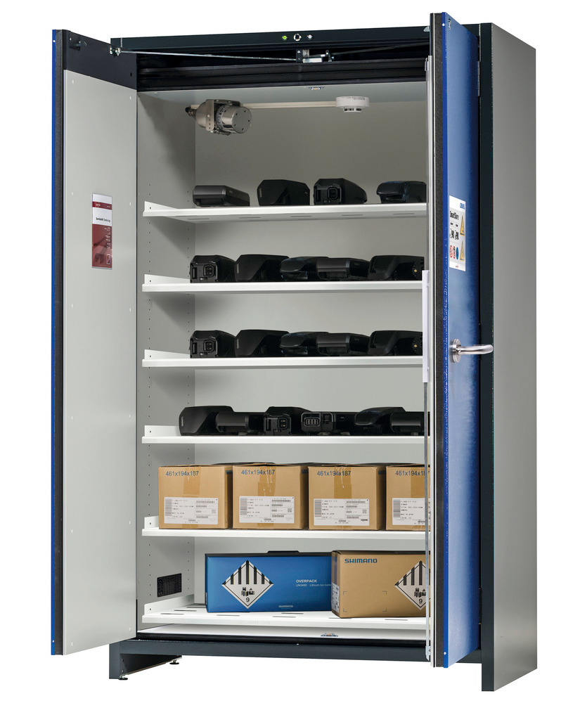 Asecos litiumioniakkujen varastokaappi SafeStore-Pro, 5 hyllyä, leveys 1200 mm - 1