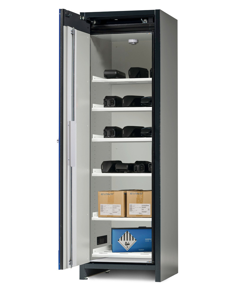 asecos lithium-ion storage cabinet, 90 Min fire resistant, 6 Shelves, 1 Door - 1