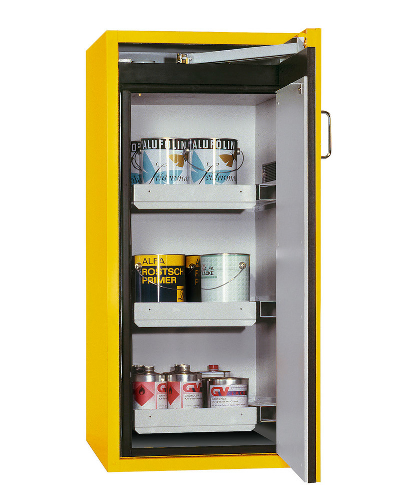 asecos fire-rated hazmat cabinet Edition, 3 slide-out spill trays, yellow, OT, G-600-3-FP, H 1300 mm - 1