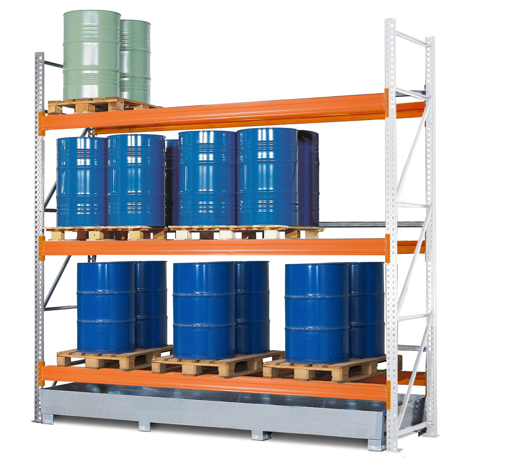 Hazmat pallet rack, ext. unit, 3 storage levels, galvanised spill pallet, 3400 x 1300 x 3800 mm - 1