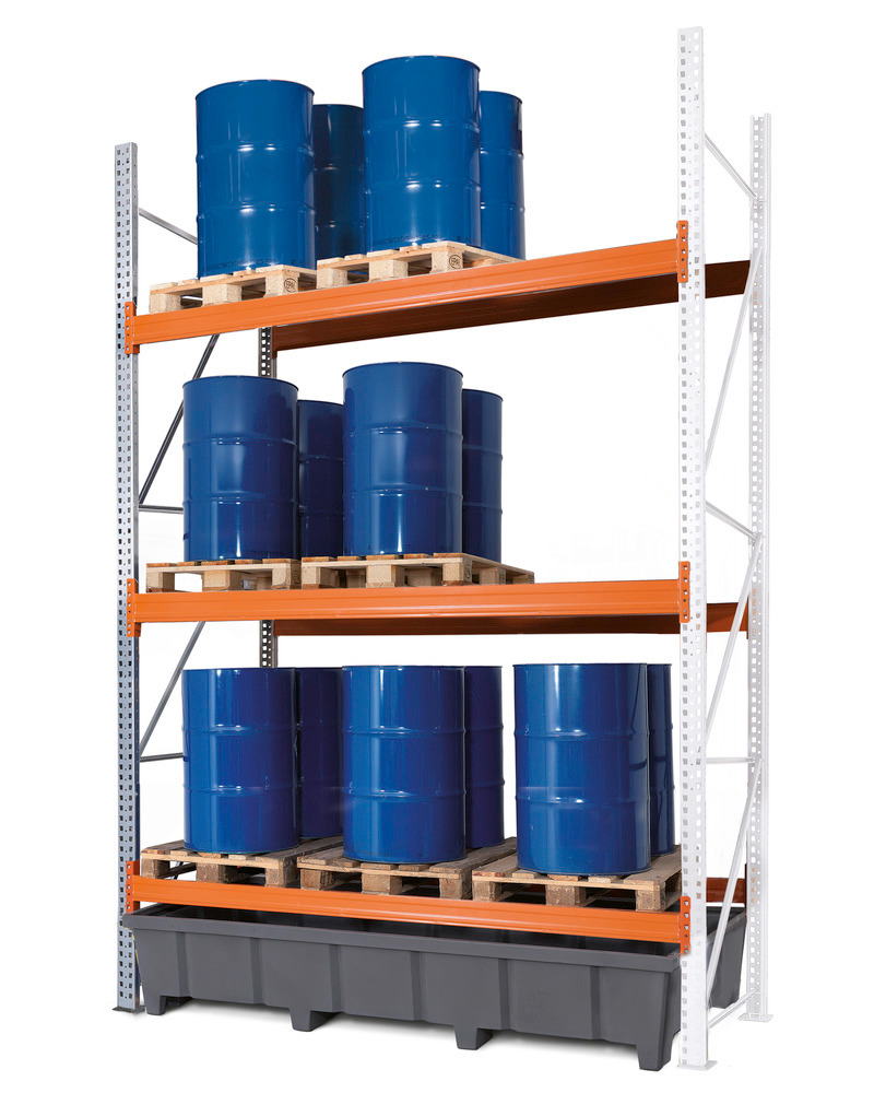 Pallet racking PRP 27.37 for 9 Euro or 6 chemical pallets, with 3 storage levels, extension system