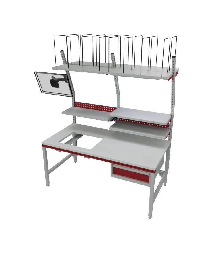 Rocholz complete packing station Akzent SYSTEM FLEX, 1600 x 800 x 690 - 960 mm, white alu/ruby red - 1