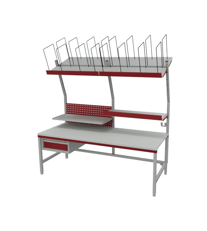 Rocholz complete packing station Ergonomic SYSTEM FLEX, 2000 x 800 x 690 - 960 mm white alu/ruby red - 1