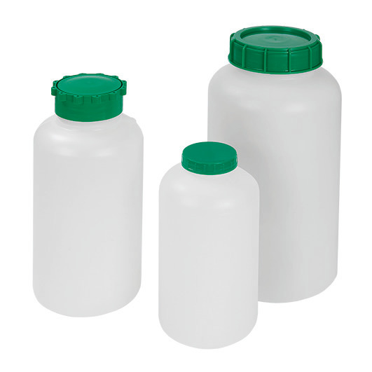 Flaske med bred åbning, af HDPE, med Alveolit-forsegling, med grønt skruelåg, 1000 ml, 12 stk./pakke - 1