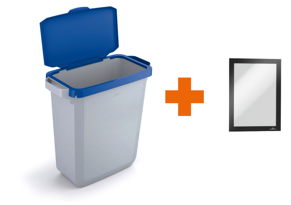 Odpadkový kôš na triedený odpad, z poleytethylénu (PE) 60 l, sivá, modré odklápacie veko, info rámče - 2