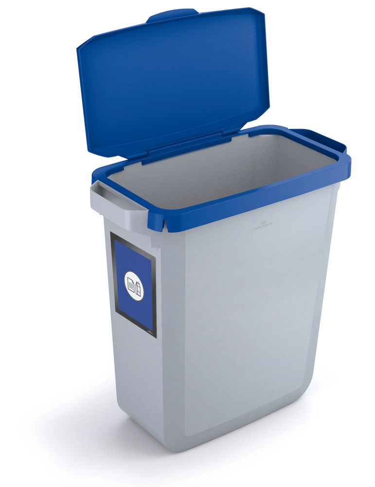 Odpadkový koš na třídění surovin, z PE, objem 60 litrů, šedý, modré sklopné víko, info rámeček - 1