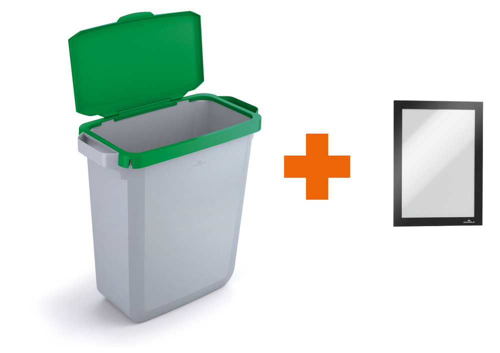 Collecteur de déchets en polyéthylène (PE), 60 litres, gris, couvercle rabattable vert, affichage - 2