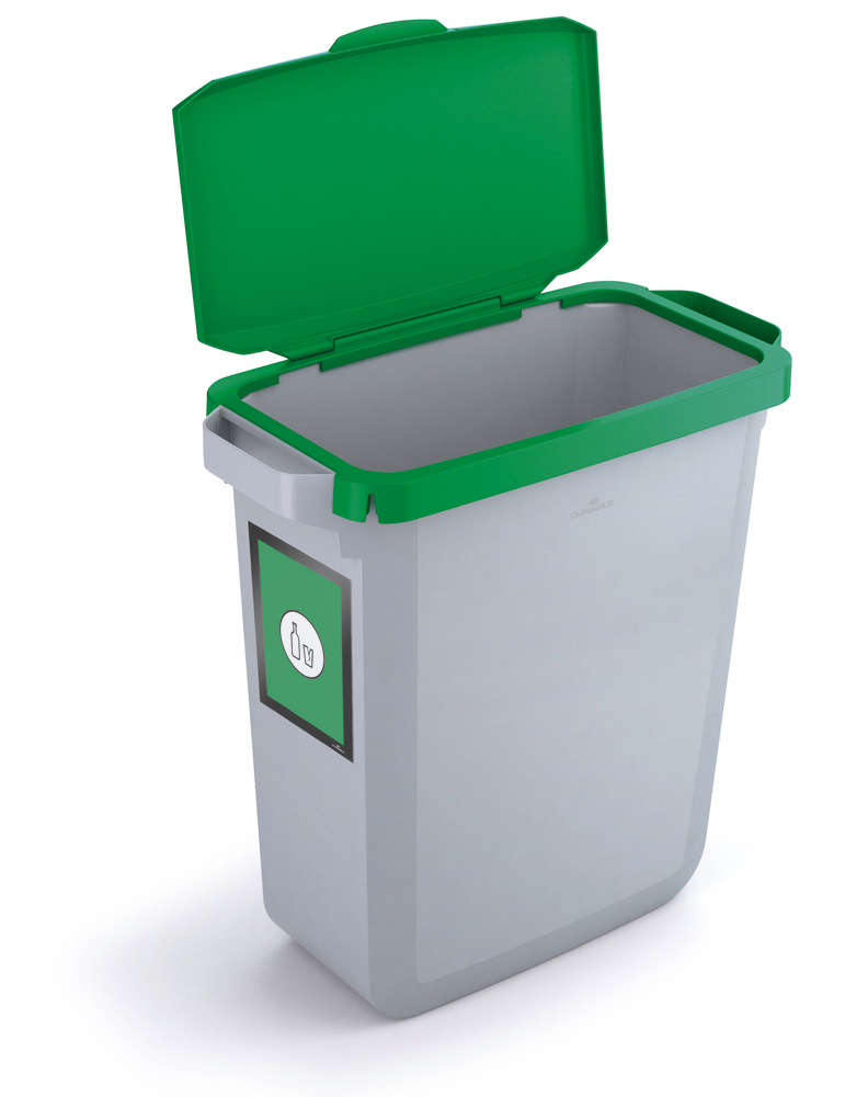 Affaldsbeholder af polyethylen (PE), 60 liter, grå, grønt klaplåg, med info tavle - 1