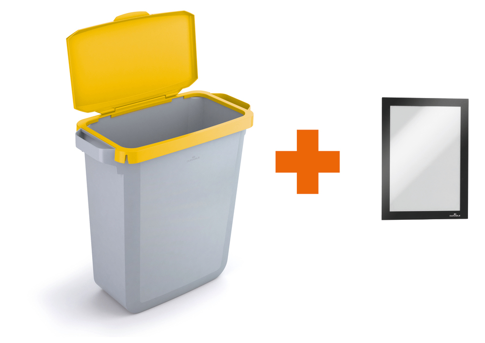 Affaldsbeholder af polyethylen (PE), 60 liter, grå, gult klaplåg, med info tavle - 2