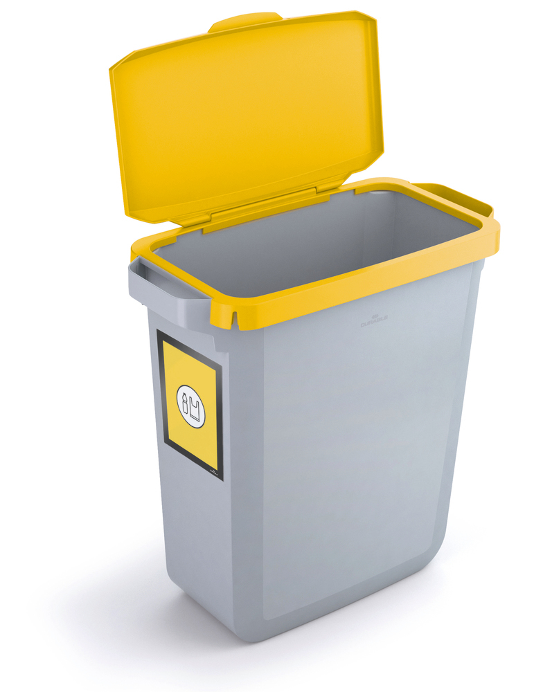 Polyethyleen (PE) recyclingbak, 60 liter, grijs, geel scharnierend deksel, met infoframe - 1