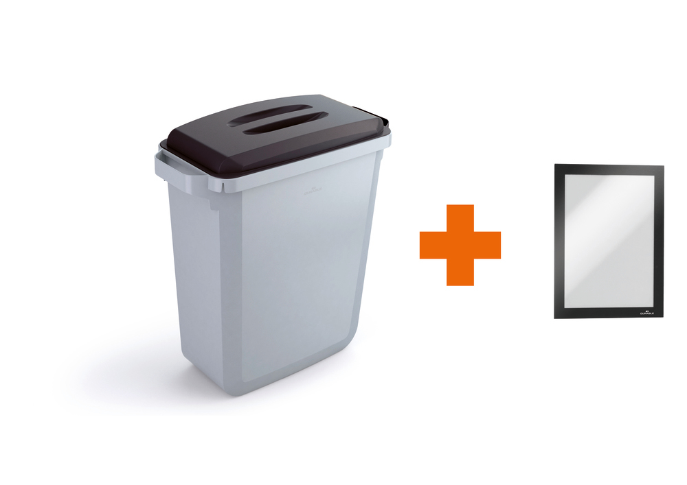 Odpadkový kôš na triedený odpad, z poleytethylénu (PE) 60 l, sivá, čierne veko, info rámček - 2